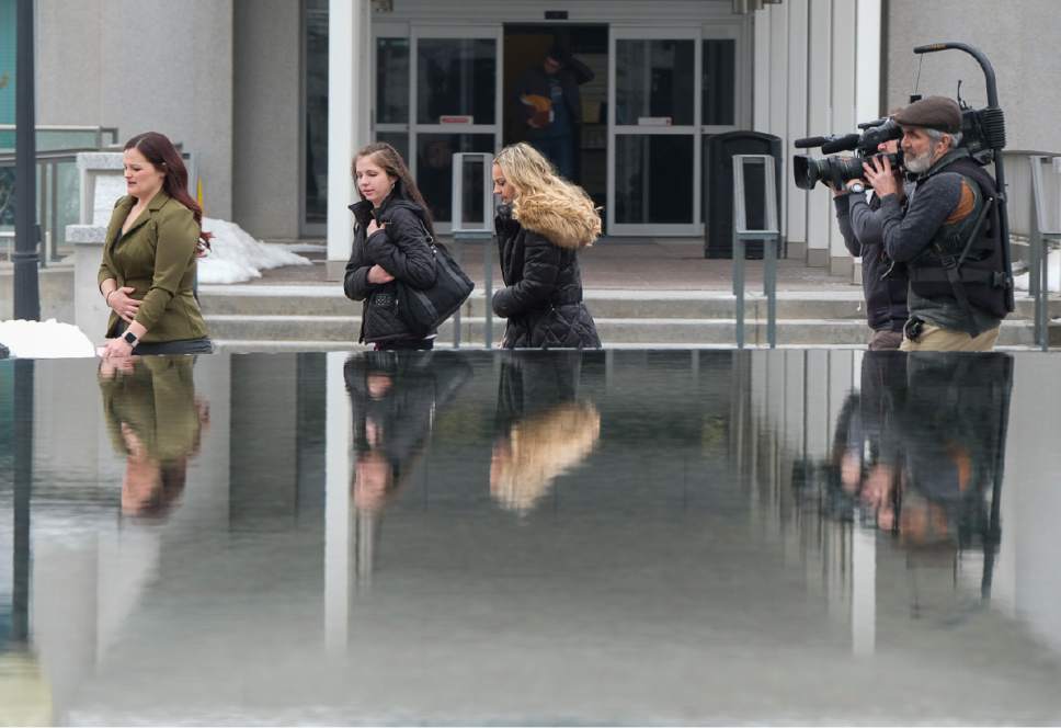 Francisco Kjolseth | The Salt Lake Tribune
Jessica Christensen, Shannel DeRieux and Amanda Peterson, from left, who all grew up in polygamous families, are followed around by a film crew as part of the reality show, Escaping Polygamy. The three were at the Utah Capitol on their way to catch a hearing for HB99, which clarifies polygamy is a felony in Utah on Wednesday, Feb. 1, 2017.