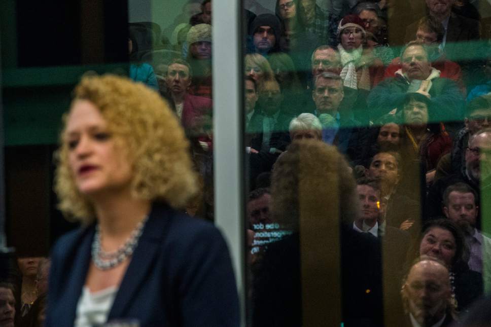 Chris Detrick  |  The Salt Lake Tribune
Community members listen as Salt Lake City Mayor Jackie Biskupski delivers the 2017 State of the City address at the Marmalade Library Tuesday January 31, 2017.