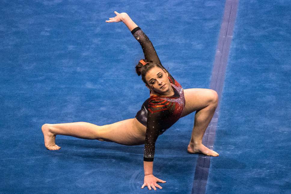 Chris Detrick  |  The Salt Lake Tribune
Utah's Macey Roberts competes on the floor during the gymnastics meet against Brigham Young University at the Marriott Center Friday January 13, 2017.