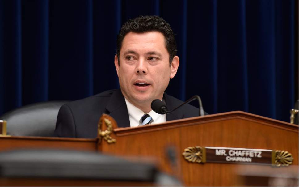 FILE - In this May 17, 2016 file photo, House Oversight and Government Reform Committee Chairman Rep. Jason Chaffetz, R-Utah speaks on Capitol Hill in Washington. Chaffetz asked a federal prosecutor Tuesday, Sept. 6, 2016, to determine whether Hillary Clinton, and others working with her played a role in the deletion of thousands of her emails by a Colorado technology firm overseeing her private computer server in 2015. The written request, obtained by The Associated Press, is based on recent revelations from the FBI, which decided not to press for criminal charges after its own year-long investigation.  (AP Photo/Susan Walsh, File)