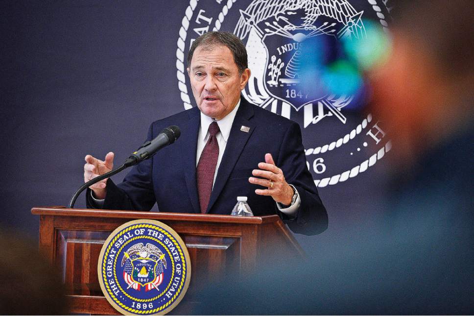 Scott Sommerdorf   |  The Salt Lake Tribune
Utah Governor Gary Herbert introduced his recommendations for the fiscal year 2017 budget at SLCC, Wednesday, December 9, 2015. Earlier Herbert toured Innovations Early College High School at SLCC.
