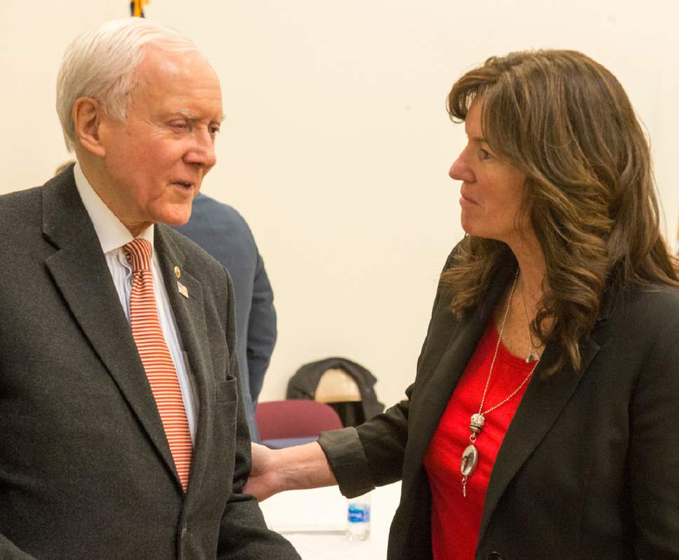 Rick Egan  |  The Salt Lake Tribune

Senator Orrin Hatch visits with Laura Warburton after a panel discussion on the prevention and treatment of teen suicide at East High on Friday, Dec. 16, 2016.
