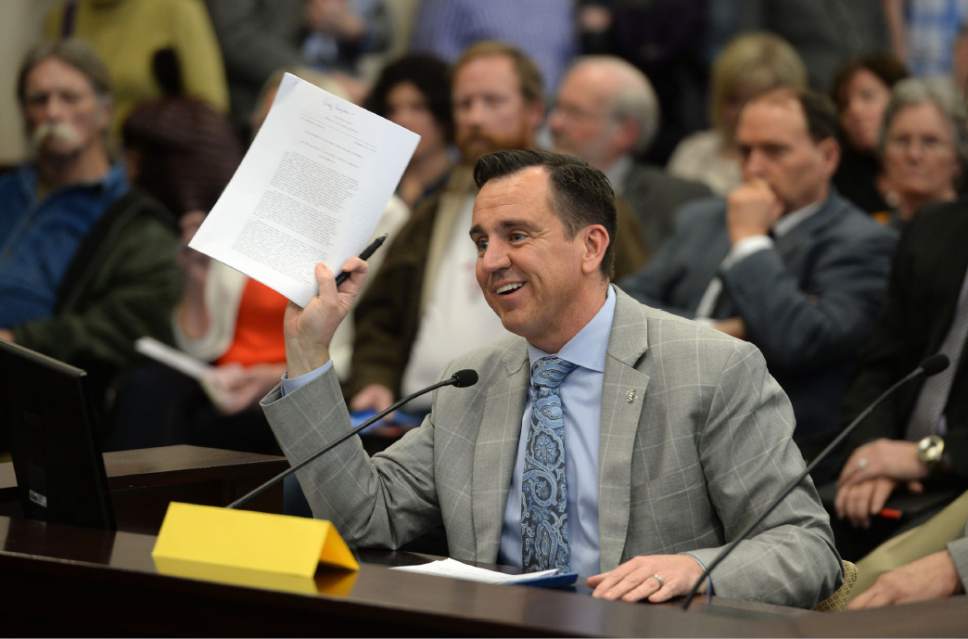 Steve Griffin  |  The Salt Lake Tribune
House Speaker Greg Hughes, R-Draper, presents a resolution that urges the President of the United States to rescind the Bears Ears National Monument designation, to the Senate Natural Resources, Agriculture, and Environment Committee at the State Capitol in Salt Lake City Thursday February 2, 2017.