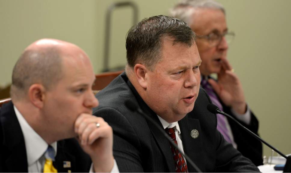 Steve Griffin / The Salt Lake Tribune

Rep. Eric Hutchings, R-Kearns, chair of the Executive Offices and Criminal Justice Appropriations Subcommittee, talks with David Edmunds, executive director of the Utah Communications Authority, during subcommittee meeting in the House Building Room 25, on Capitol Hill in Salt Lake City Thursday February 2, 2017. The communications authority was rocked by a $1 million embezzlement scandal last year.