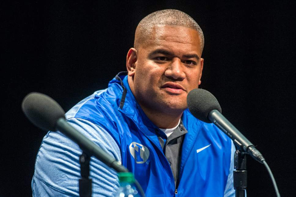 Chris Detrick  |  The Salt Lake Tribune
Defensive Coordinator Ilaisa Tuiaka speaks during a press conference at the BYU broadcasting building Wednesday February 1, 2017.