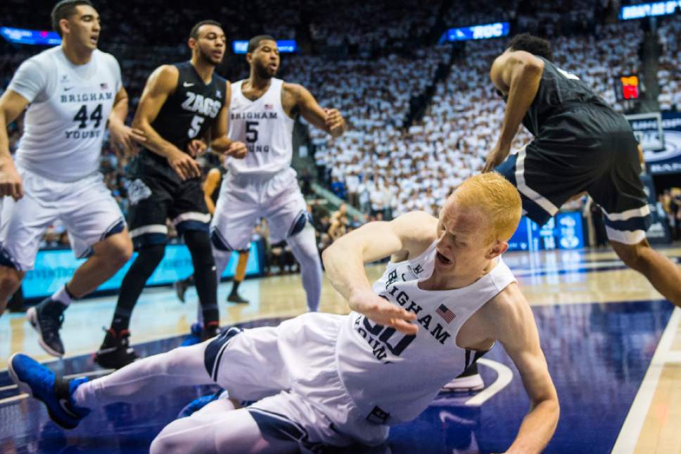 Chris Detrick  |  The Salt Lake Tribune
Brigham Young Cougars guard TJ Haws (30) falls to the ground during the game at the Marriott Center Thursday February 2, 2017.
