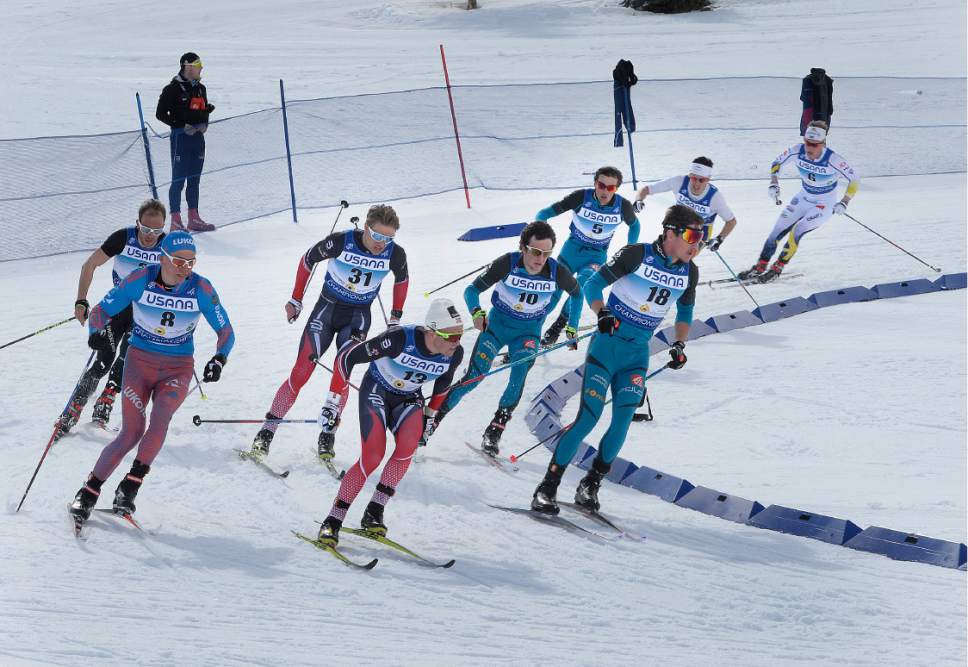 Scott Sommerdorf   |  The Salt Lake Tribune  
Racers in the Men's 50K race make the turn at the 15th Anniversary of the 2002 Olympic and Paralympic Winter Games at Utah Olympic Park, Soldier Hollow Nordic Center, Saturday, February 4, 2017.