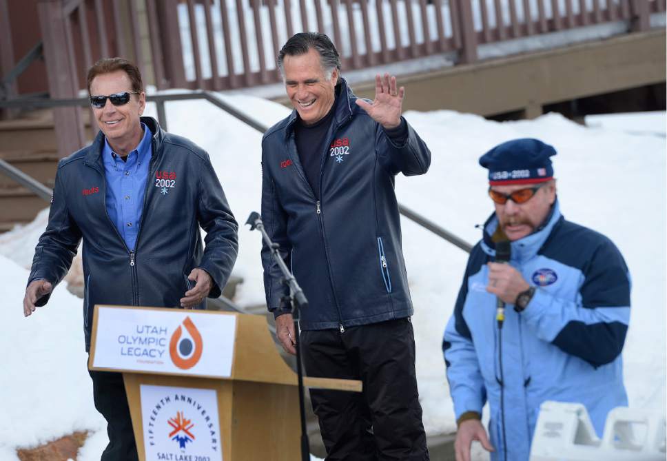 Scott Sommerdorf   |  The Salt Lake Tribune  
Mitt Romney waves to the crowd after he spoke at the 15th Anniversary of the 2002 Olympic and Paralympic Winter Games at Utah Olympic Park, Soldier Hollow Nordic Center, Saturday, February 4, 2017.