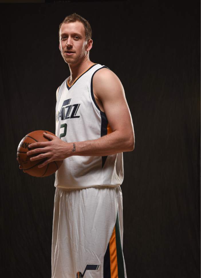 Francisco Kjolseth | The Salt Lake Tribune
Joe Ingles joins teammates as the Utah Jazz opens training camp with media day for players at the team's training facility in Salt Lake on Monday, Sept. 26, 2016.