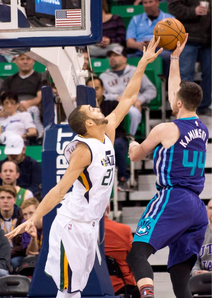 Lennie Mahler  |  The Salt Lake Tribune

Rudy Gobert tries to block a shot by Charlotte's Frank Kaminsky III in a game at Vivint Smart Home Arena on Saturday, Feb. 4, 2017.