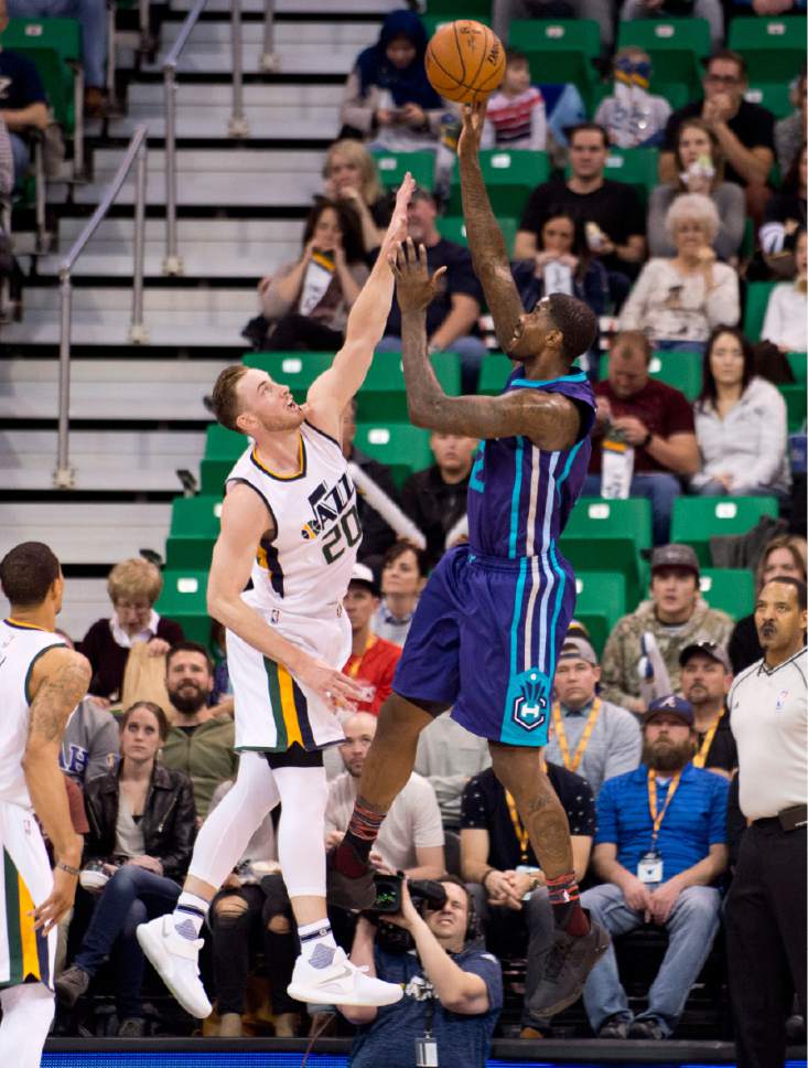 Lennie Mahler  |  The Salt Lake Tribune

Gordon Hayward defends a shot by Charlotte's Marvin Williams in a game at Vivint Smart Home Arena on Saturday, Feb. 4, 2017.