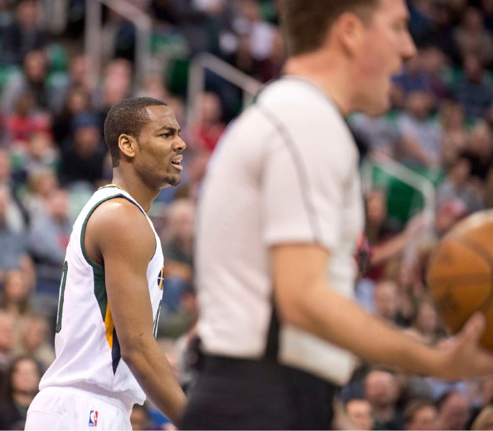 Lennie Mahler  |  The Salt Lake Tribune

Alec Burks disagrees with an offensive foul call in a game against the Memphis Grizzlies on Saturday, Jan. 28, 2017, at Vivint Smart Home Arena in Salt Lake City.