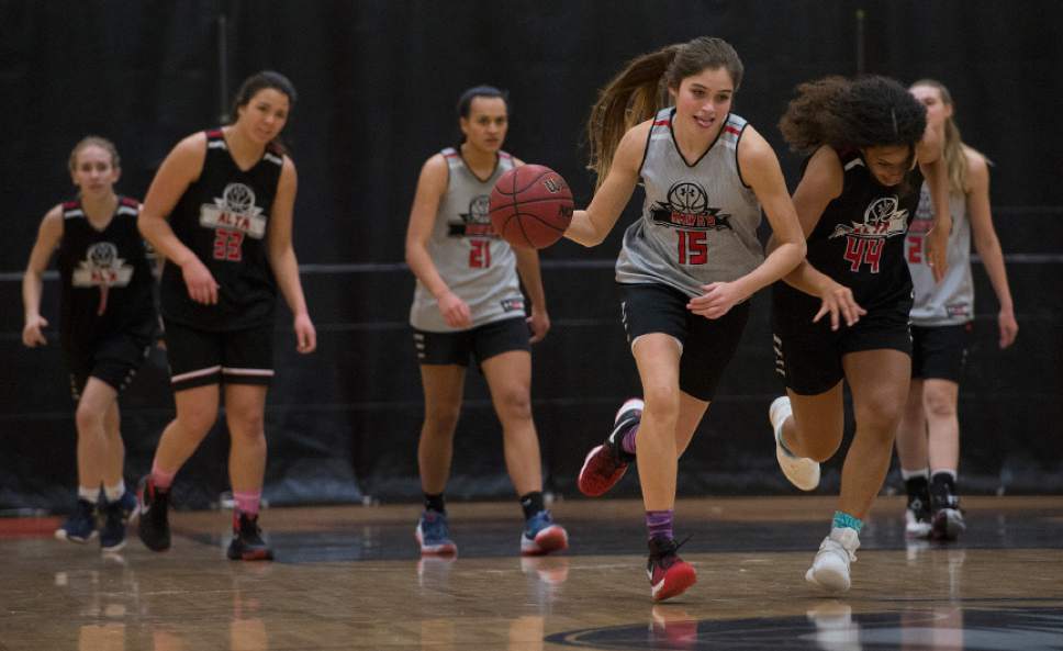 Leah Hogsten  |  The Salt Lake Tribune
Kemery Martin runs down the court after stealing the ball from her teammates Thursday, February 2, 2017. "We're always on the same side of understanding with each other," said sisters Mariah, 17, and Kemery Martin, 16, two of the  leaders on the Alta High School girls' basketball team,Thursday, February 2, 2017.