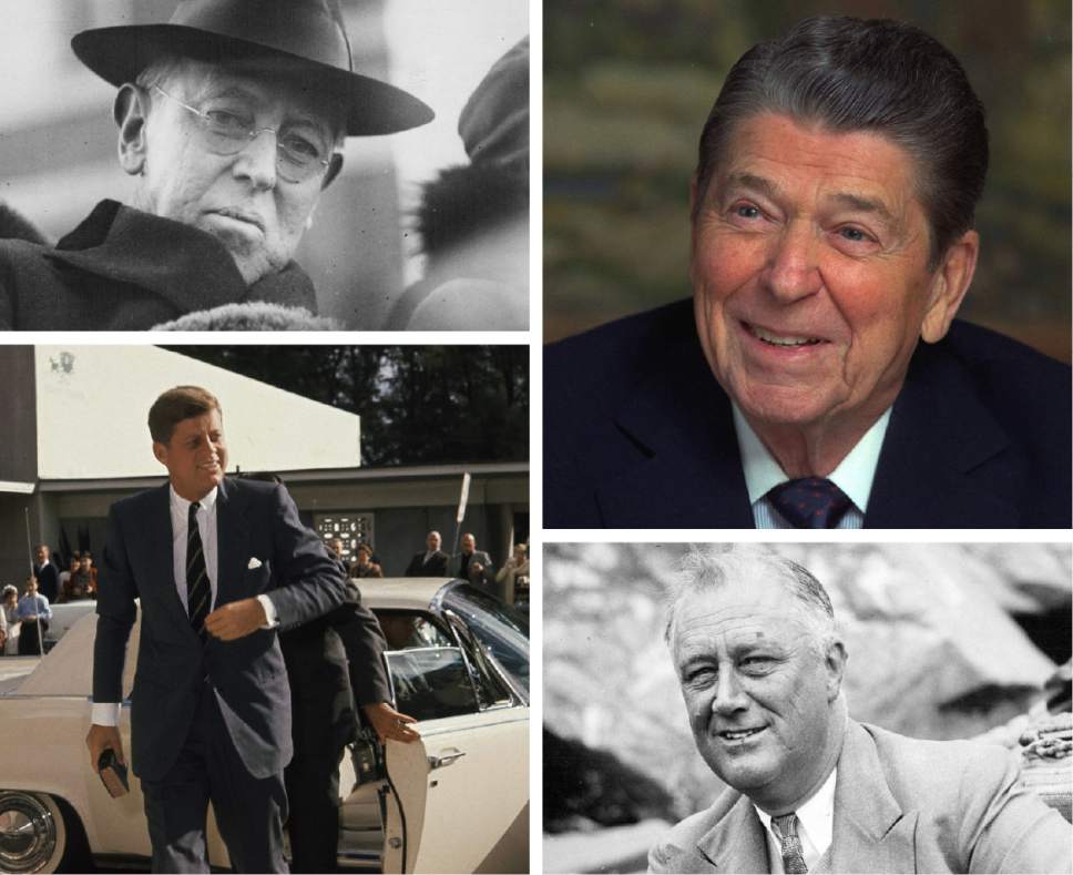 Clockwise from top left: Woodrow Wilson (Tribune file photo), Ronald Reagan (AP photo), Franklin D. Roosevelt (Tribune file photo) and John F. Kennedy (AP photo)