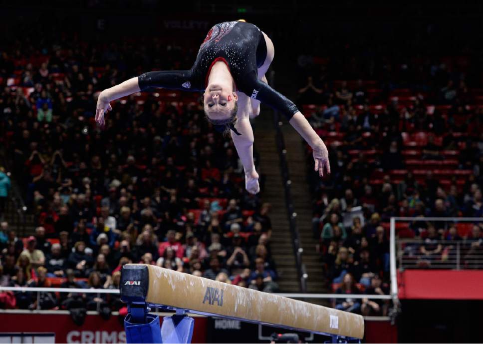 Scott Sommerdorf   |  The Salt Lake Tribune
Maddy Stover during her beam routine where she scored 9.850. Utah Gymnastics defeated UCLA 196.725 - 194.725 in the Huntsman Center, Friday, January 23, 2015.