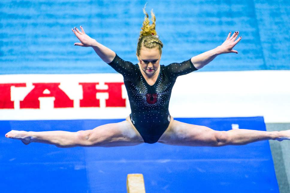Chris Detrick  |  The Salt Lake Tribune
Utah gymnast Maddy Stover performs on the beam during the Red Rocks Preview at the Huntsman Center Friday December 11, 2015.