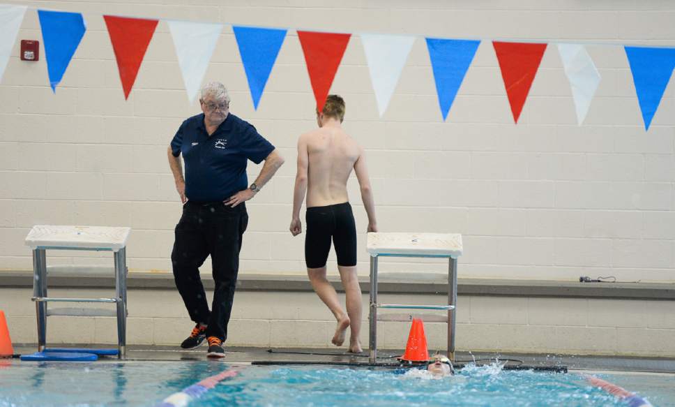 Francisco Kjolseth | The Salt Lake Tribune
Mel Roberts, the longtime swimming coach at Tooele High School, works the last days of his 49 year career at the Leigh Pratt Aquatic Center on Thursday, Feb. 2, 2017.