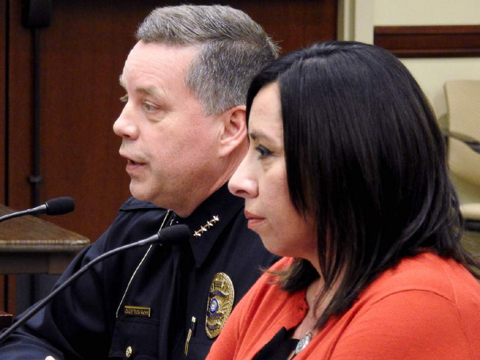 Trent Nelson  |  The Salt Lake Tribune
Bountiful Police Chief Tom Ross and Rep. Angela Romero, D-Salt Lake City, speak as the House Law Enforcement and Criminal Justice Standing Committee holds a hearing on HB0200, legislation requiring testing of all rape kits, in Salt Lake City, Friday February 3, 2017.