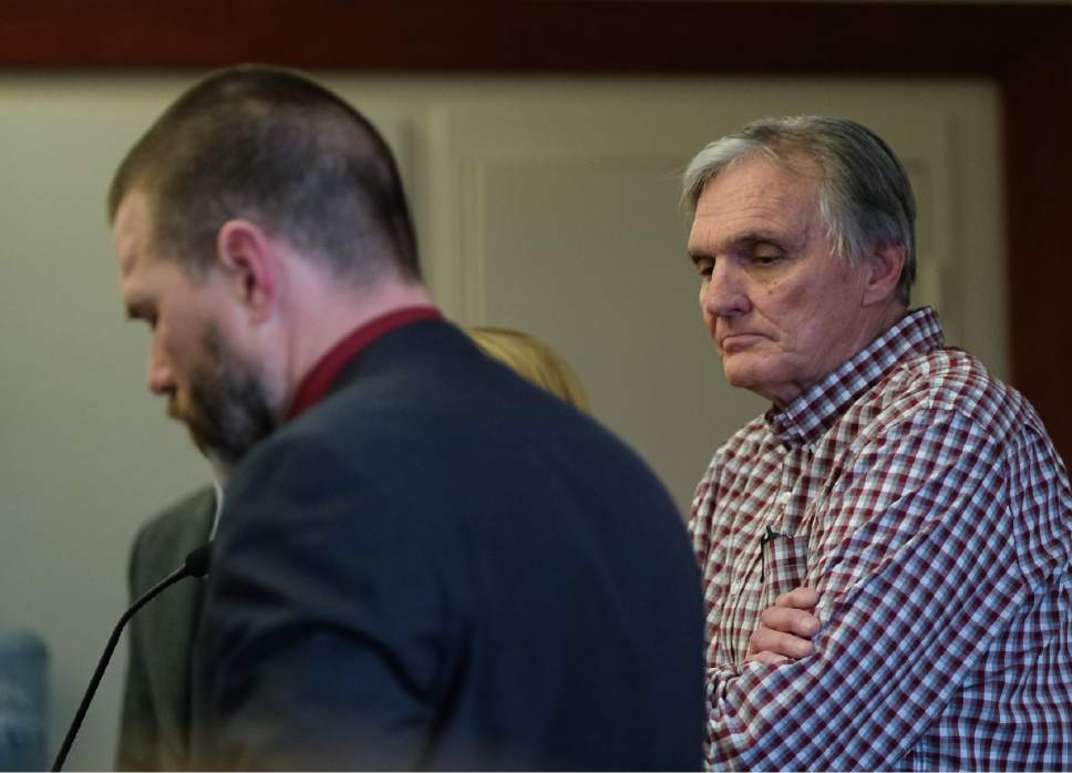 Francisco Kjolseth | The Salt Lake Tribune
Admitted fraudster Dee Randall, right, a Kaysville insurance agent, appears at the Matheson Courthouse, alongside his attorney Wojciech Nitecki for sentencing by 3rd District Judge Mark Kouris on Monday, Feb. 6, 2017. Randall pleaded guilty in July of last year to five charges related to his operation of a Ponzi scheme that took in more than $72 million from about 700 people.