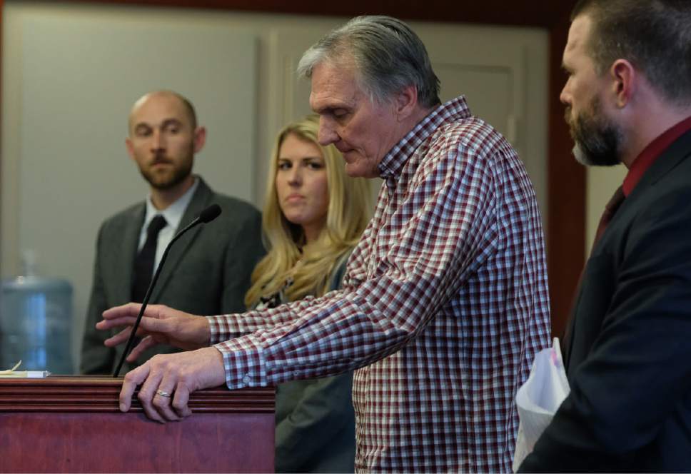 Francisco Kjolseth | The Salt Lake Tribune
Admitted fraudster Dee Randall, a Kaysville insurance agent, addresses 3rd District Judge Mark Kouris on Monday, Feb. 6, 2017 prior to his sentencing for jail time. Randall pleaded guilty in July of last year to five charges related to his operation of a Ponzi scheme that took in more than $72 million from about 700 people.