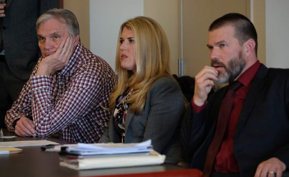 Francisco Kjolseth | The Salt Lake Tribune
Admitted fraudster Dee Randall, left, a Kaysville insurance agent, appears at the Matheson Courthouse, alongside his attorney's Lacey Singleton and Wojciech Nitecki for sentencing by 3rd District Judge Mark Kouris on Monday, Feb. 6, 2017. Randall pleaded guilty in July of last year to five charges related to his operation of a Ponzi scheme that took in more than $72 million from about 700 people.