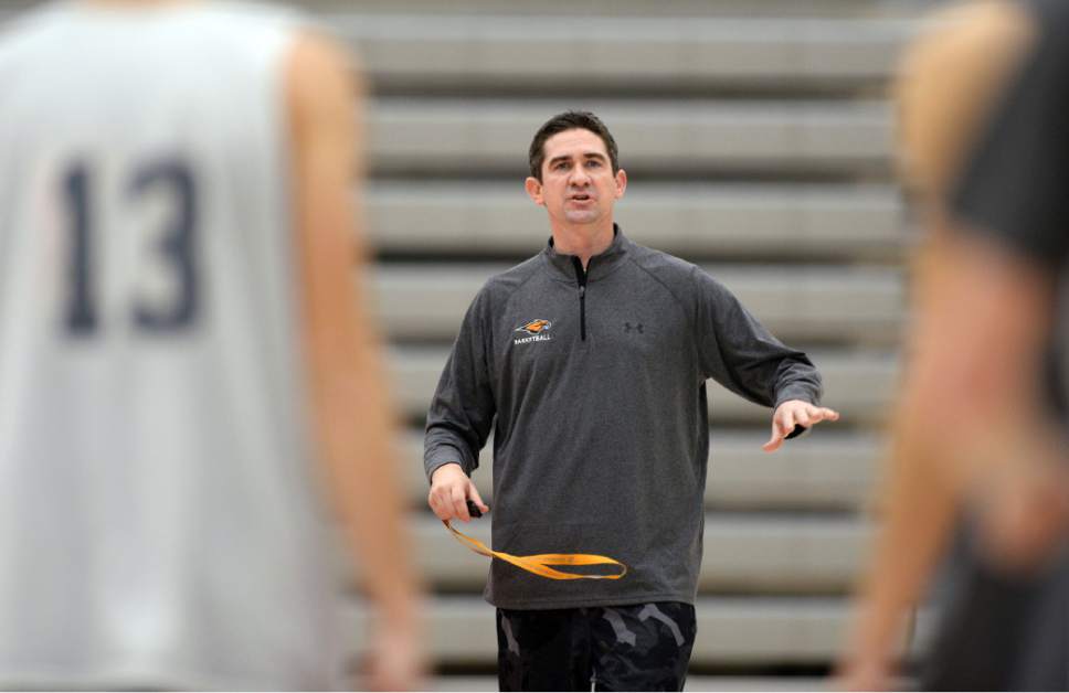Steve Griffin / The Salt Lake Tribune

Jeff Gardner built Brighton into a consistent winner. But he decided to leave the school and become the boys basketball coach at the newly opened Skyridge High. Here he runs practice in school's new gymnasium in Lehi, Utah Wednesday January 11, 2017.