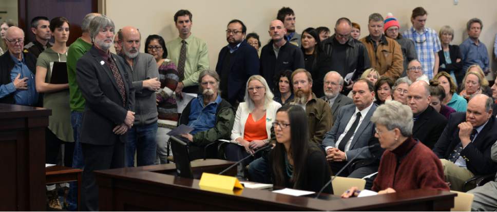 Steve Griffin  |  The Salt Lake Tribune


Citizens line up to speak agains HRC12, a resolution that urges the President of the United States to rescind the Bears Ears National Monument designation, during the Senate Natural Resources, Agriculture, and Environment Committee meeting at the State Capitol in Salt Lake City Thursday February 2, 2017.