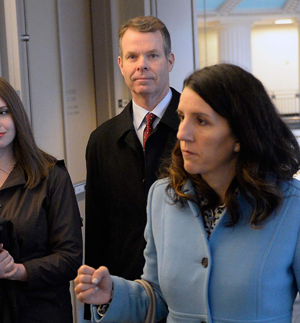 Al Hartmann  |  The Salt Lake Tribune
John Swallow walks to Judge Elizabeth Hruby-MIlls courtroom in Salt Lake City for jury selection for the his public corruption trial Tuesday Feb. 7. Cara Tangaro, right, a member of his defense team.