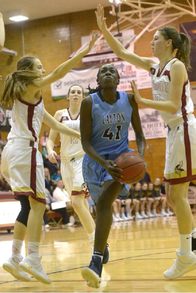 Leah Hogsten  |  The Salt Lake Tribune
Layton's Rachel Odima had 13 points and 17 rebounds. Layton High School leads Viewmont High School 19-15 girls' basketball team, Tuesday, February 7, 2017 in Bountiful.