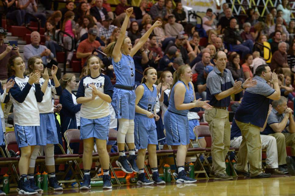 Leah Hogsten  |  The Salt Lake Tribune
Layton's bench celebrates the win. Layton High School leads Viewmont High School 19-15 girls' basketball team, Tuesday, February 7, 2017 in Bountiful.