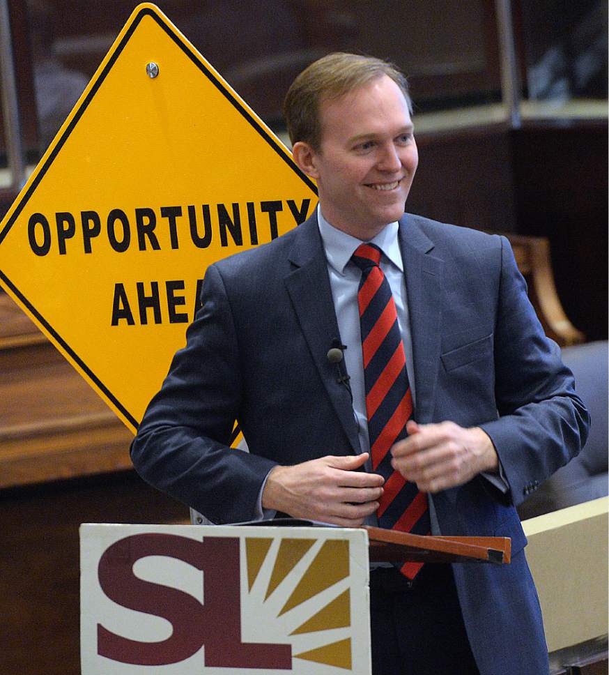 Al Hartmann  |  The Salt Lake Tribune
Salt Lake County Mayor Ben McAdams presents his State of the County address Tuesday, Feb. 7 in the County Council Chambers.
He spoke about opportunities for jobs, early childhood education, health care, criminal justice reform, and recreation and open space.