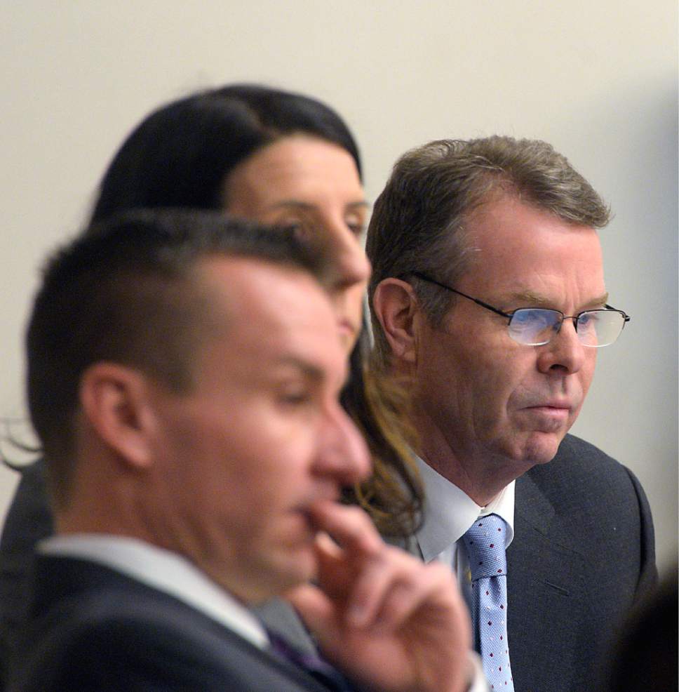 Al Hartmann  |  The Salt Lake Tribune
John Swallow with members of his defense team Brad Anderson and Cara Tangaro on the first day of his public corruption trial in Judge Elizabeth Hruby-MIlls courtroom in Salt Lake City Wednesday Feb. 8.