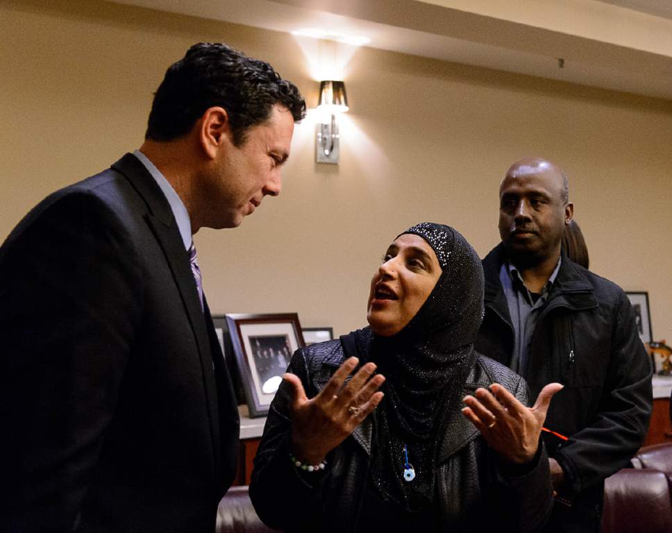 Trent Nelson  |  The Salt Lake Tribune
U.S. Rep. Jason Chaffetz, R-Utah, in conversation with Noor Ul-Hasan following a meeting with members of Utah's Islamic Community in Salt Lake City, Wednesday February 8, 2017. At right is Aden Batar.