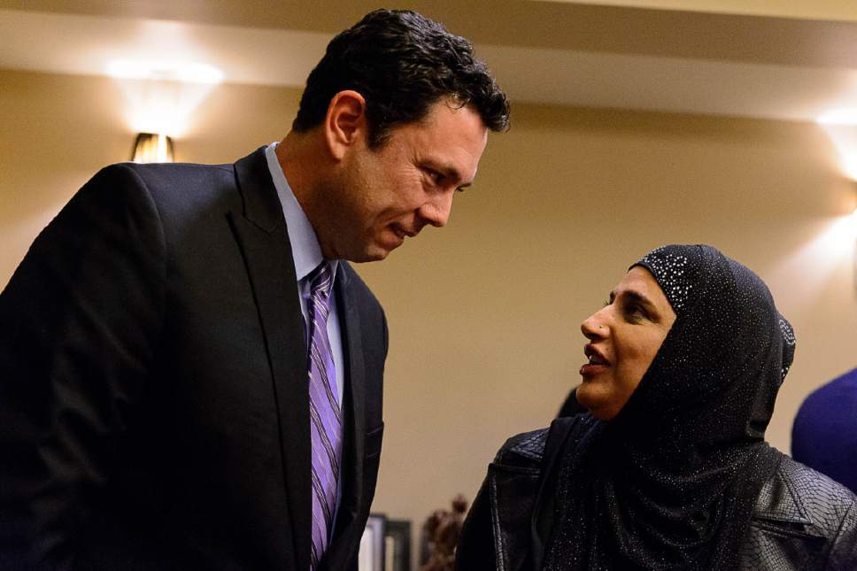 Trent Nelson  |  The Salt Lake Tribune
U.S. Rep. Jason Chaffetz, R-Utah, in conversation with Noor Ul-Hasan following a meeting with members of Utah's Islamic Community in Salt Lake City, Wednesday February 8, 2017.