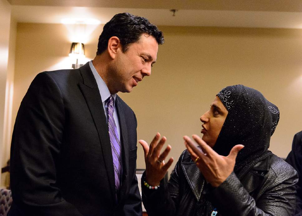 Trent Nelson  |  The Salt Lake Tribune
U.S. Rep. Jason Chaffetz, R-Utah, in conversation with Noor Ul-Hasan following a meeting with members of Utah's Islamic Community in Salt Lake City, Wednesday February 8, 2017.