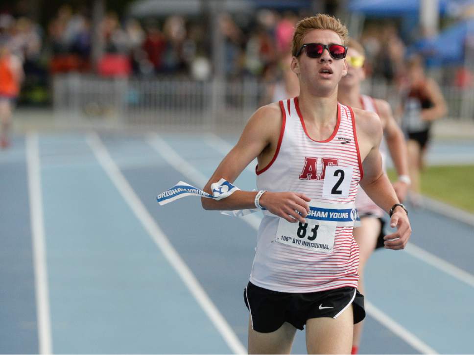 Francisco Kjolseth | The Salt Lake Tribune 
Casey Clinger of American Fork pulls ahead early in the Boy's 3200 meter race and stays there for a win with a time of 9.02.58 at the BYU Invitational Track and Field meet on Friday, May 6, 2016.
