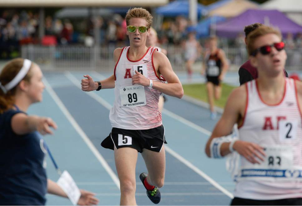 Francisco Kjolseth | The Salt Lake Tribune 
Patrick Parker #89 of American Fork, crosses the line in second place in the men's 3200 meter race behind teammate Casey Clinger during the BYU Invitational Track and Field meet on Friday, May 6, 2016.