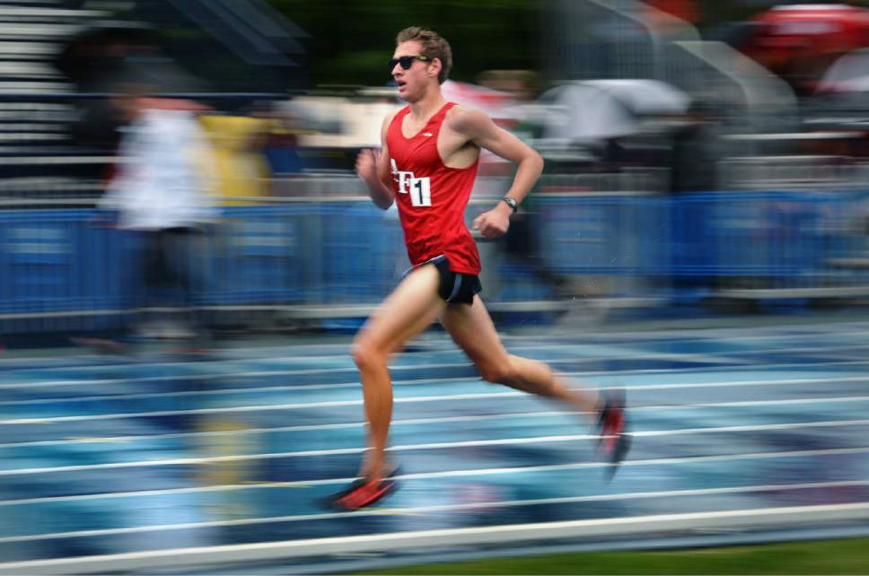 Scott Sommerdorf   |  The Salt Lake Tribune  
Casey Clinger of American Fork wins the boy's 1A 3200 at the second day of the state high school track & field meet at BYU, Saturday, May 21, 2016.