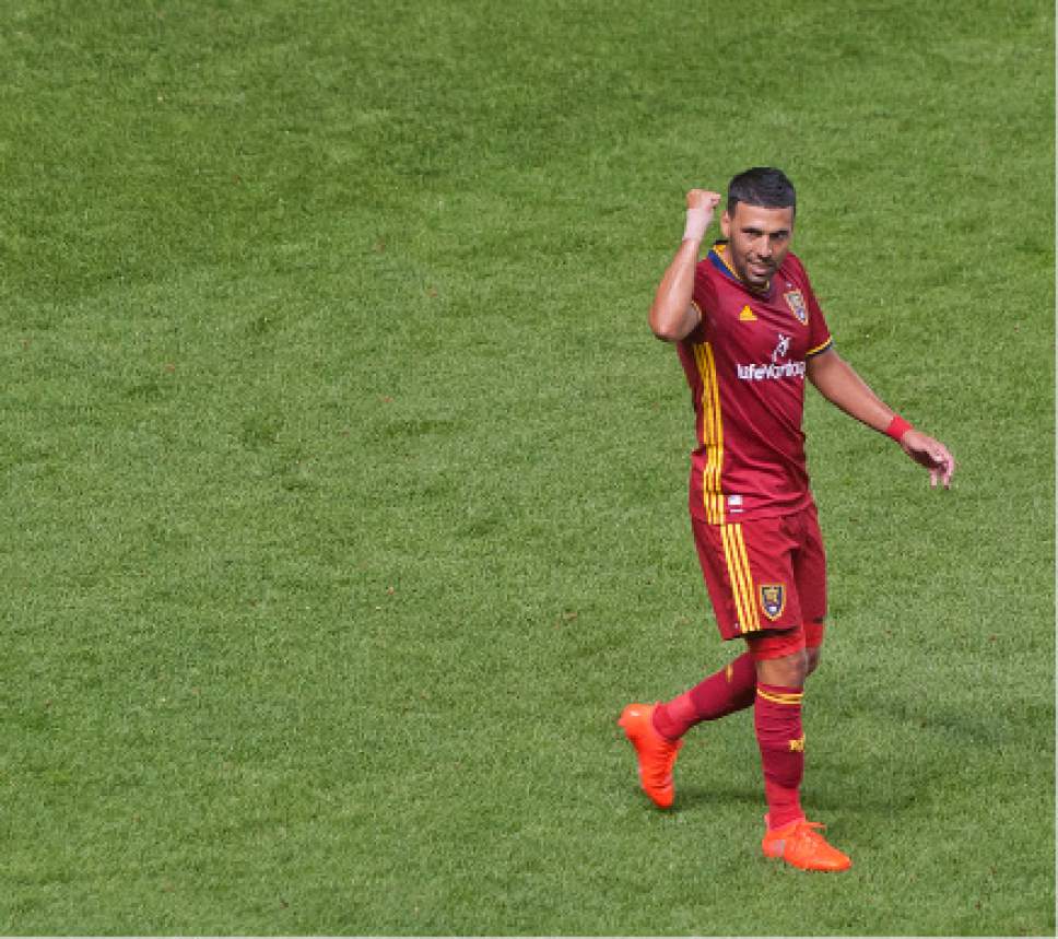 Michael Mangum  |  Special to the Tribune

Real Salt Lake midfielder Javier Morales (11) celebrates his second goal during their MLS match against the Chicago Fire at Rio Tinto Stadium in Sandy, Utah on Saturday, August 6th, 2016.