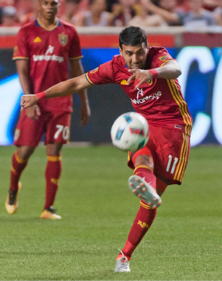 Michael Mangum  |  Special to the Tribune

Real Salt Lake midfielder Javier Morales takes a shot during their U.S. Open Cup match against the Seattle Sounders at Rio Tinto Stadium in Sandy, UT on Tuesday, June 28th, 2016. The match ended in a 1-1 draw with Seattle advancing after winning in a penalty kick shootout.