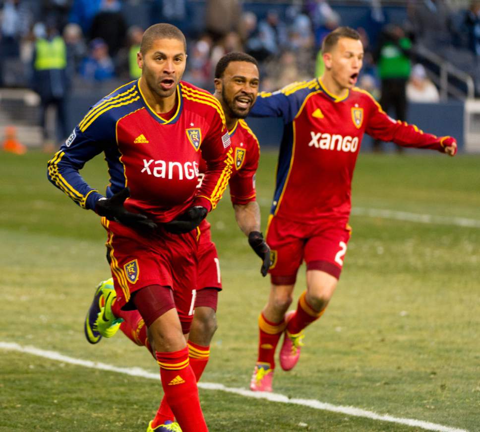 Trent Nelson  |  The Salt Lake Tribune
RSL's Alvaro Saborio celebrates his goal as Real Salt Lake faces Sporting KC in the MLS Cup Final at Sporting Park in Kansas City, Saturday December 7, 2013.