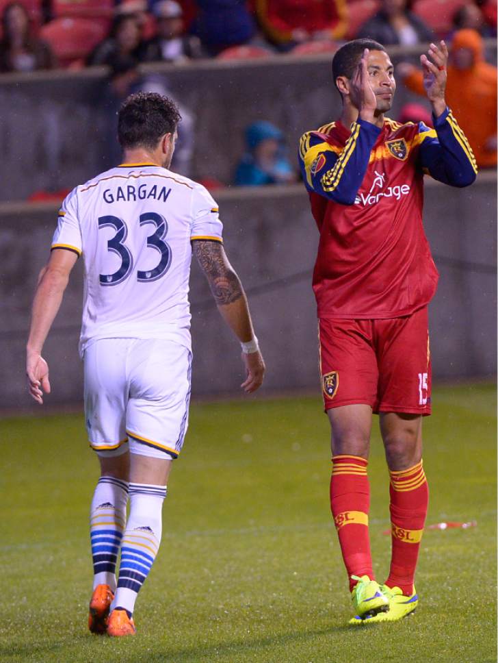 Leah Hogsten  |  The Salt Lake Tribune
Real Salt Lake forward Alvaro Saborio (15) celebrates a close look at the goal. Real Salt Lake and LA Galaxy are 0-0 during the first half of their game at Rio Tinto Stadium, May 6, 2015.