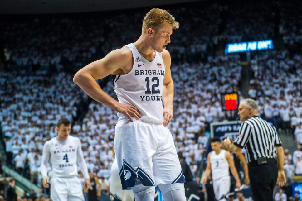 Chris Detrick  |  The Salt Lake Tribune
Brigham Young Cougars forward Eric Mika (12) during the game at the Marriott Center Thursday February 2, 2017.