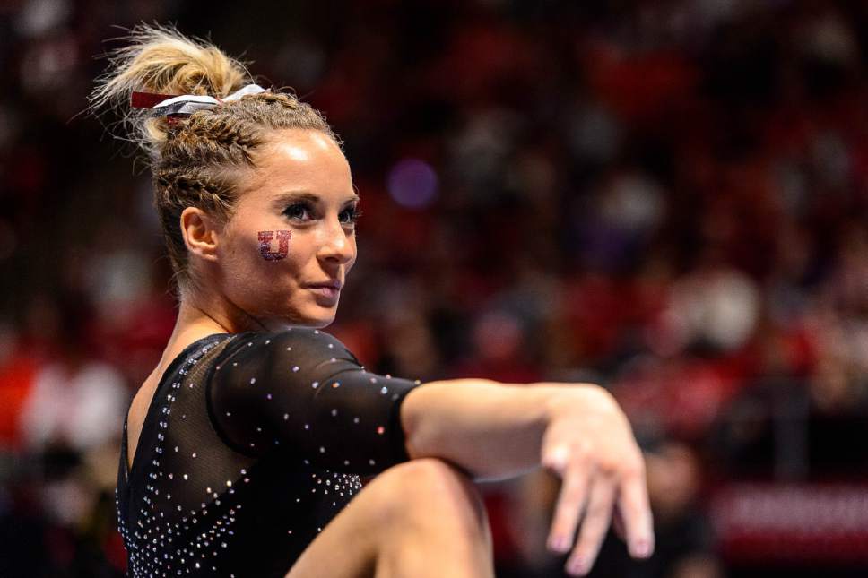 Trent Nelson  |  The Salt Lake Tribune
Utah's MyKayla Skinner on the floor as the University of Utah hosts Cal, NCAA Gymnastics at the Huntsman Center, Saturday February 4, 2017.