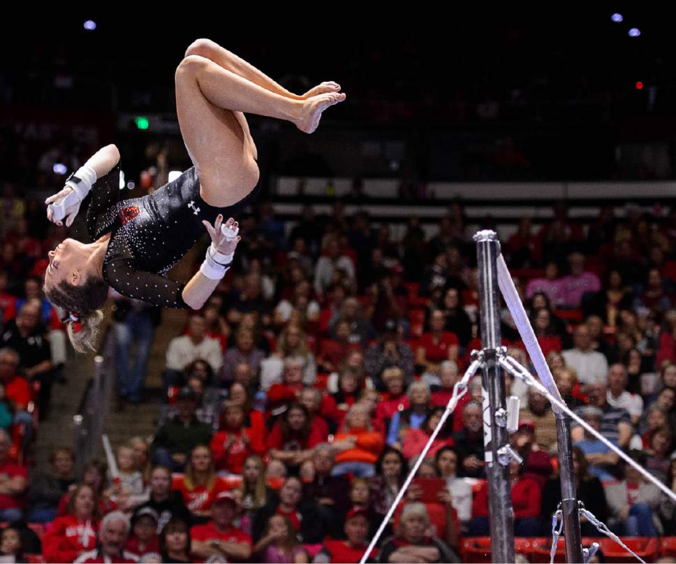 Trent Nelson  |  The Salt Lake Tribune
Utah's MyKayla Skinner on the bars as the University of Utah hosts Cal, NCAA Gymnastics at the Huntsman Center, Saturday February 4, 2017.