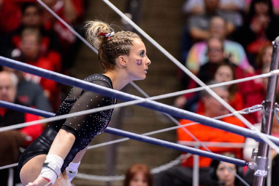 Trent Nelson  |  The Salt Lake Tribune
Utah's MyKayla Skinner on the bars as the University of Utah hosts Cal, NCAA Gymnastics at the Huntsman Center, Saturday February 4, 2017.