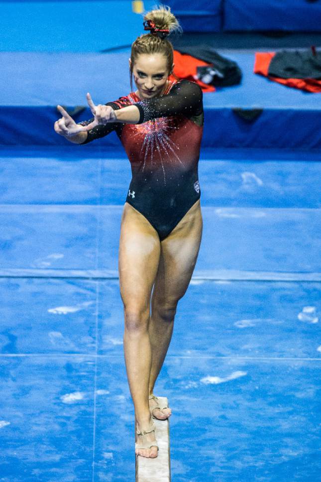 Chris Detrick  |  The Salt Lake Tribune
Utah's Mykayla Skinner competes on the beam during the gymnastics meet against Brigham Young University at the Marriott Center Friday January 13, 2017.