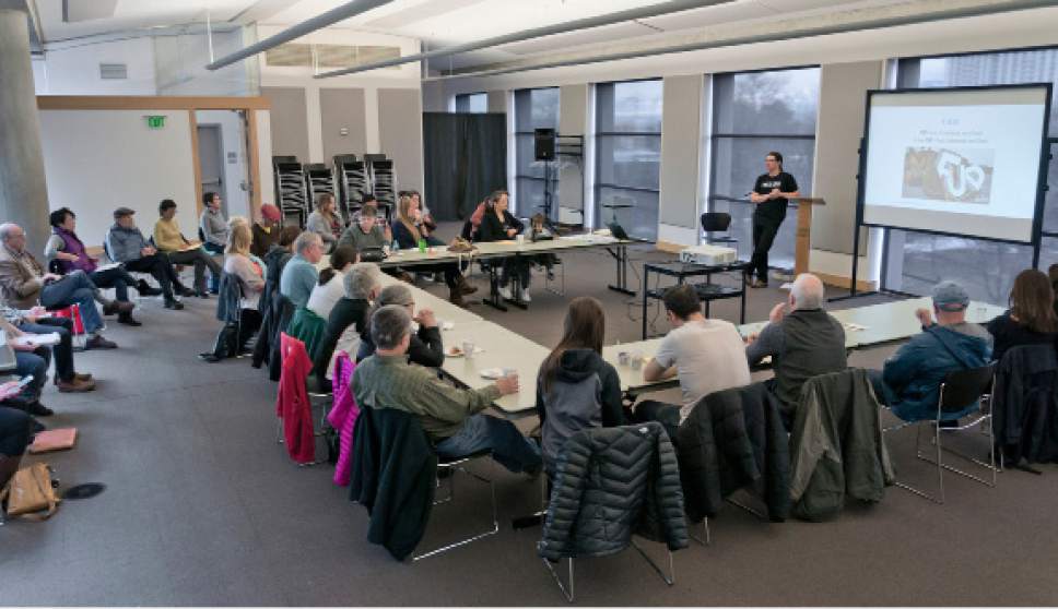 Michael Mangum  |  Special to the Tribune

Justice Morath, associate director at the Community Writing Center, speaks during a Writing for Change event at the Salt Lake City Public Library on Saturday, Feb. 4, 2017. More than 30 attendees learned about how to effectively engage in civic dialogue using statistics appropriately.