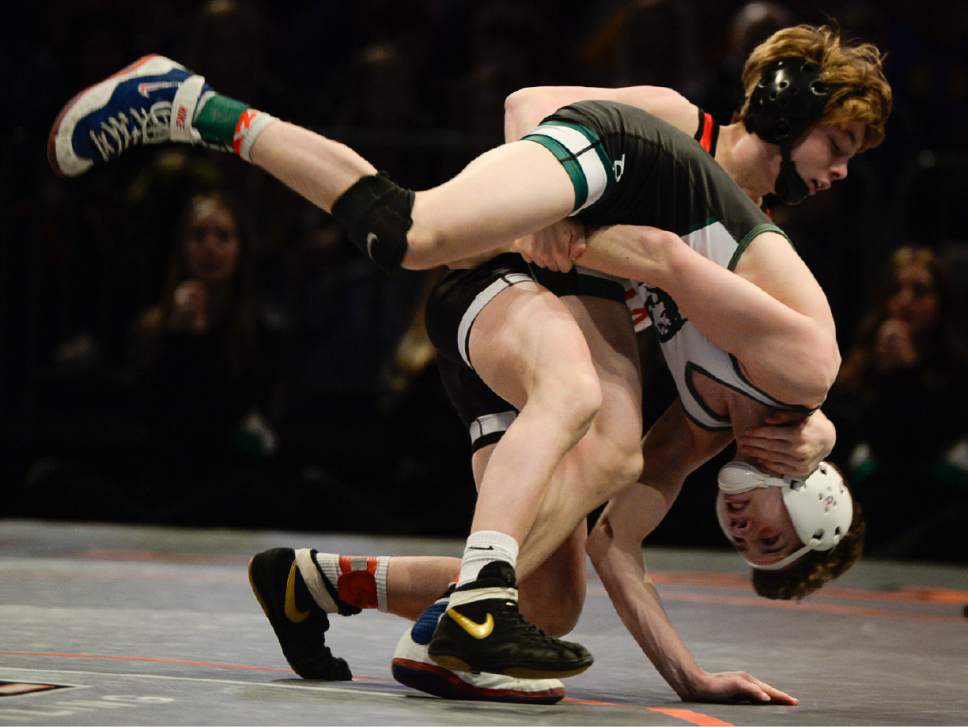 Francisco Kjolseth | The Salt Lake Tribune
Gavin Ayotte of Uintah upends Jacob Ethridge of Payson during the 4A 106 class in the high school state wrestling tournament at UCCU Center on the Utah Valley University campus in Provo Thursday, February 9, 2017.