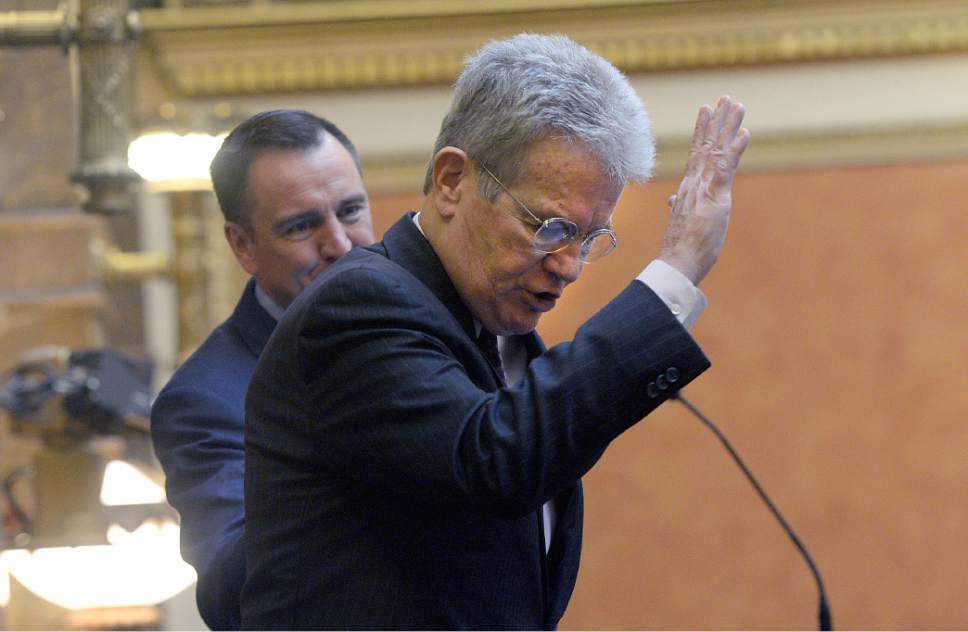 Al Hartmann  |  The Salt Lake Tribune
Former Senator Tom Coburn is introduced to members of the Utah House of Representatives Friday Feb. 10 by Speaker of the House Greg Hughes.   Coburn later held a rally calling for a convention of the states to restore checks and balances on federal power.